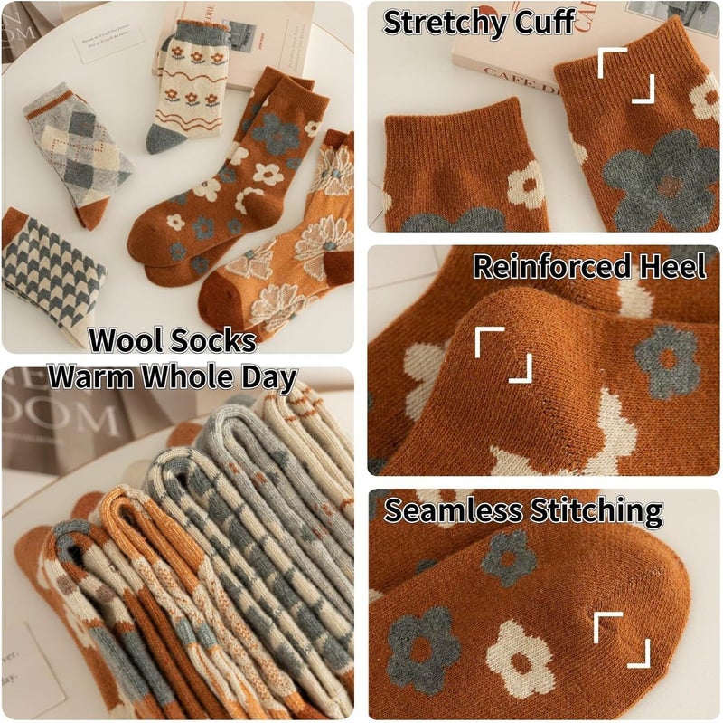 FORJMMP 5/10 Pairs Wool Socks for Women Thick Knit Vintage Cute Floral Crew Socks - Image 5